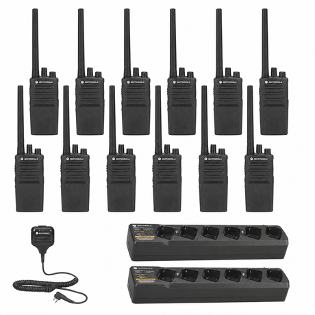 Motorola RMV2080 twelve-radio bundle with two multi-unit chargers and speaker microphone