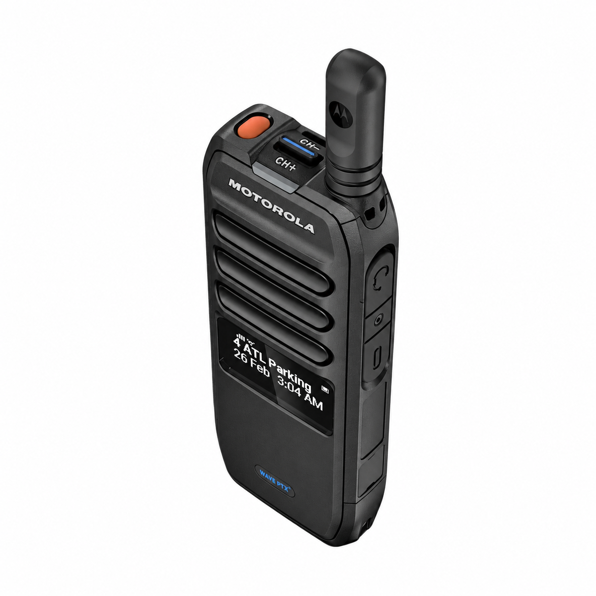 Motorola TLK 200 WAVE PTX radio — angled front view on white background