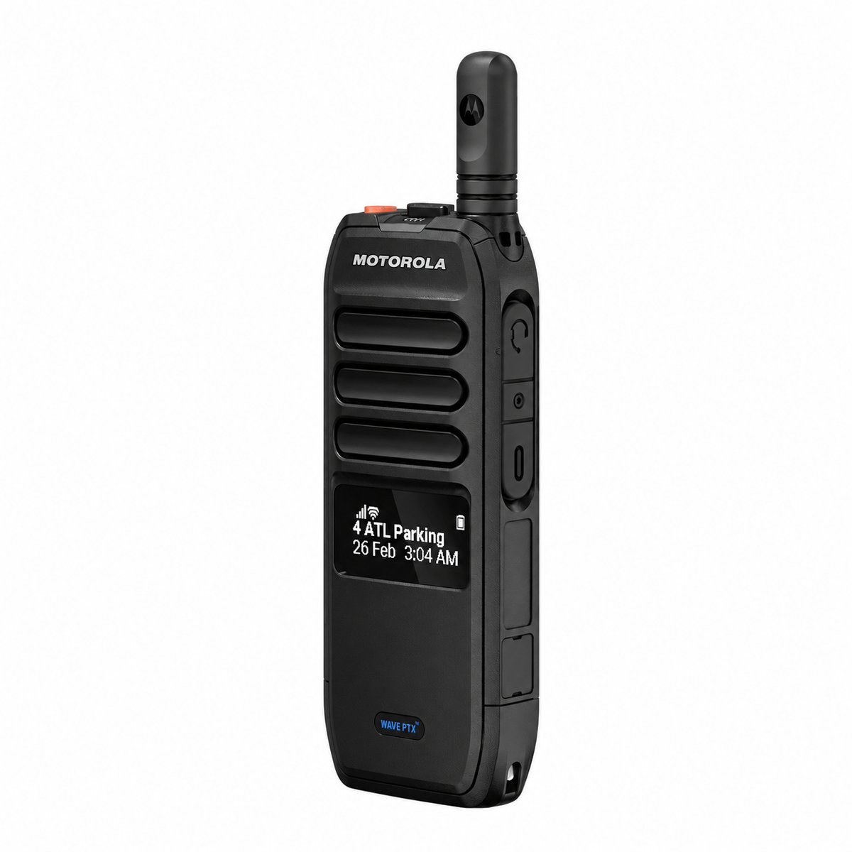 Motorola TLK 200 WAVE PTX radio — left side view on white background