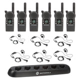 Motorola CLS1110 six-pack UHF business radios with surveillance headsets and multi-unit charger for retail, hospitality, and event staff coordination