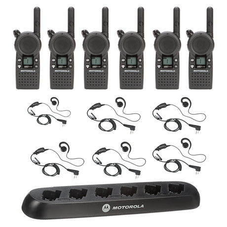 Motorola CLS1110 six-pack UHF business radios with surveillance headsets and multi-unit charger for retail, hospitality, and event staff coordination