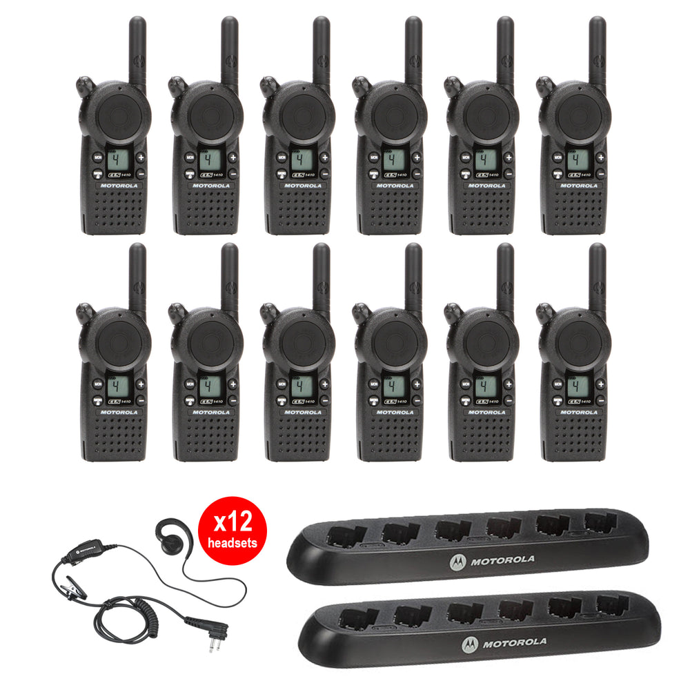 Motorola CLS1410 12 Pack Bundle With 2 Multicharger and Headsets