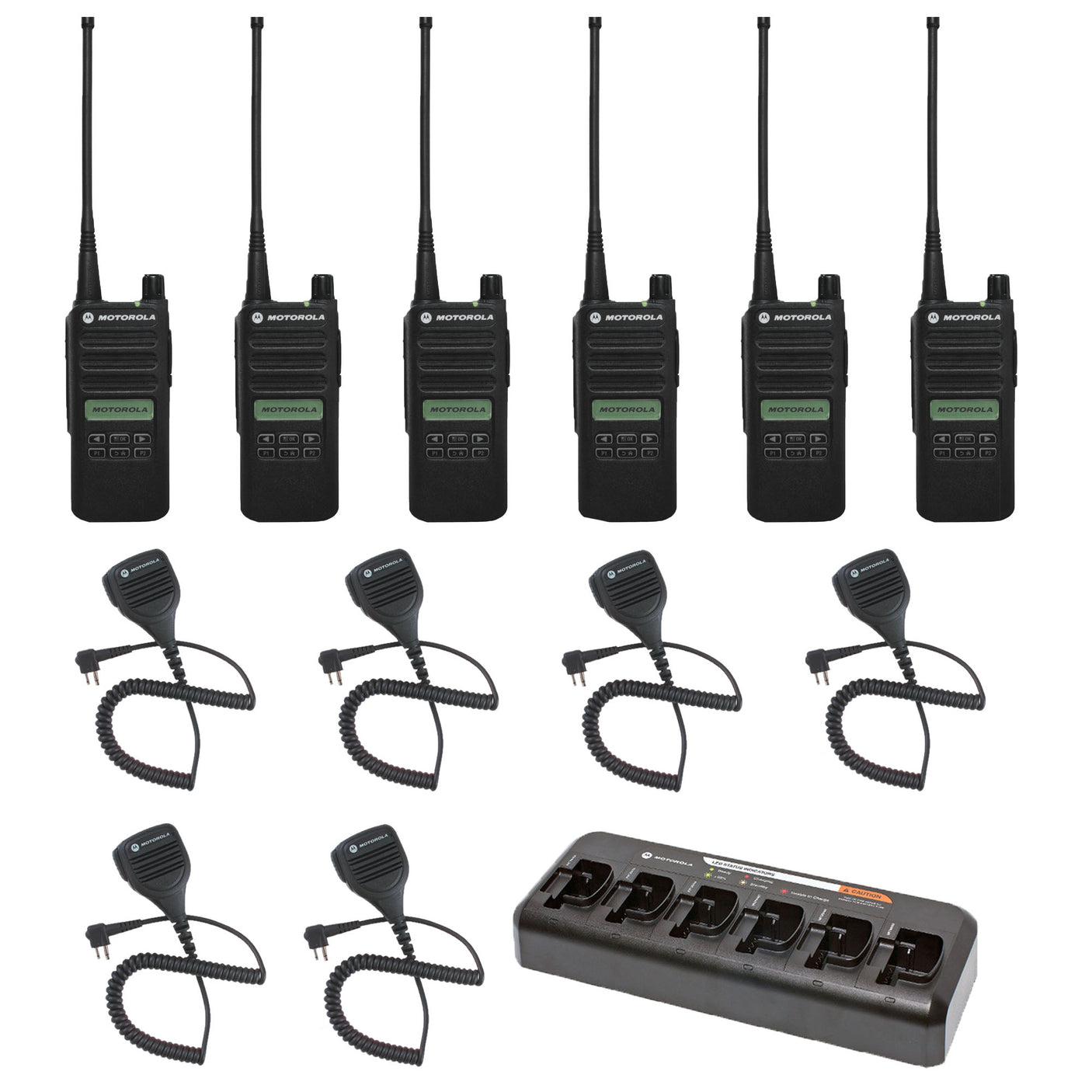 Motorola CP100d Limited-Display 6-Pack Bundle with Multi-Unit Charger & Speaker Microphones