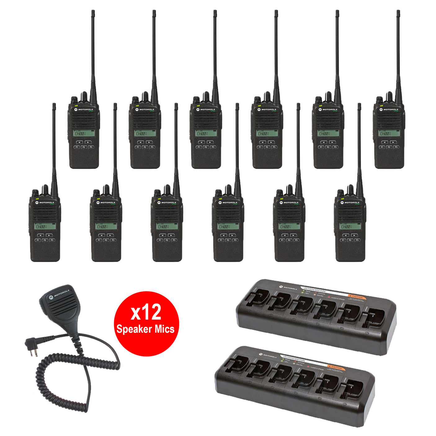 CP185 Motorola 12 Unit Bundle w/ 2 PMLN6597 Multi-Unit Chargers & 12 PMMN4013 Speaker Microphones