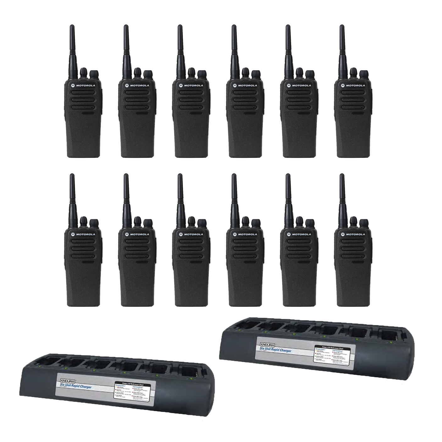 12 pack Motorola CP200d MotoTRBO Portable Radio plus 2 Endura multi-unit chargers