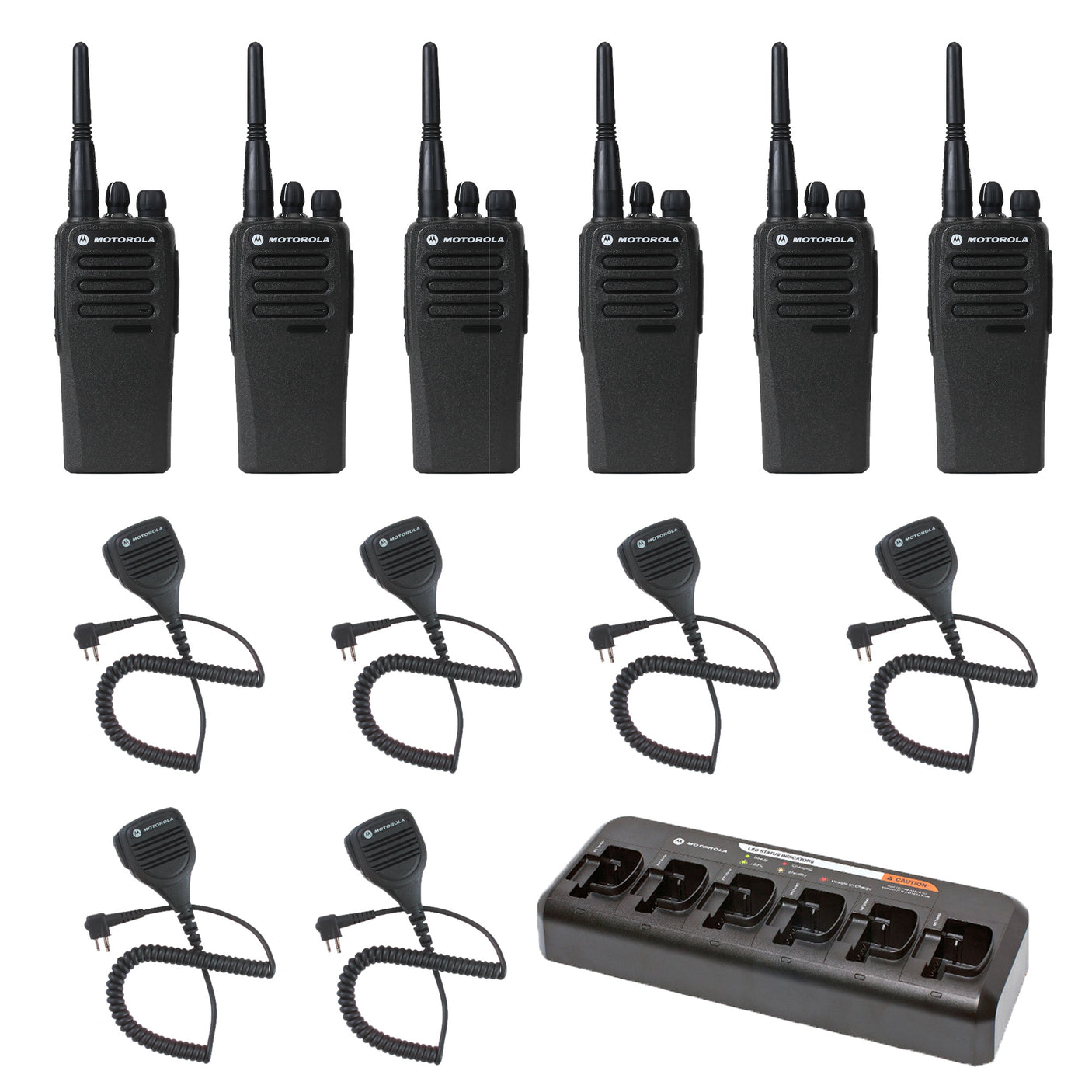 6 pack Motorola CP200d MotoTRBO Portable Radio plus Motorola OEM multi unit charger plus speaker microphones