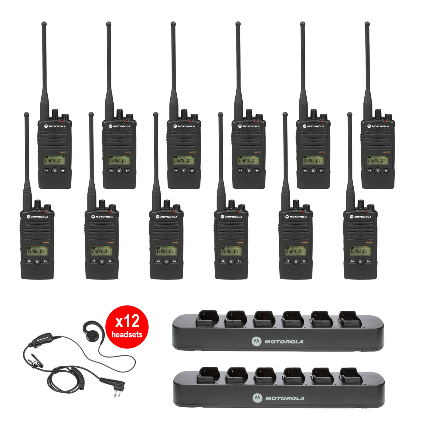Motorola RDU4160D 12 pack with Multi Unit Chargers and headsets – 12-pack