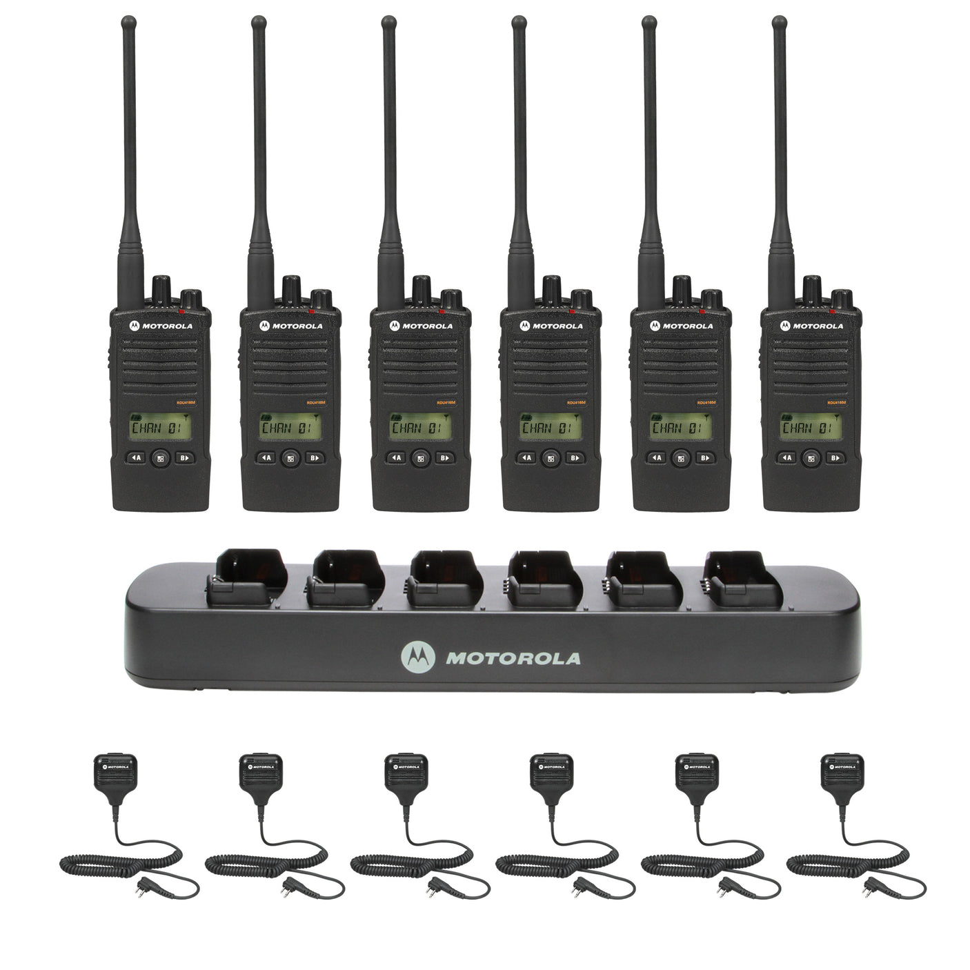 Motorola RDU4160D 6 pack with Multi Unit Charger and Speaker Microphones – 6-pack
