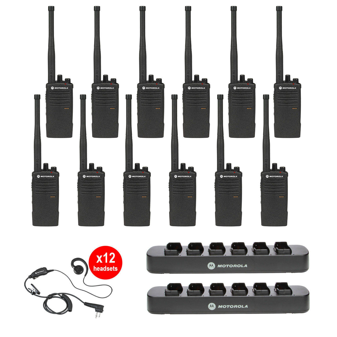 Motorola RDV5100 12 pack plus Multi Unit Charger and Headsets – 12-pack