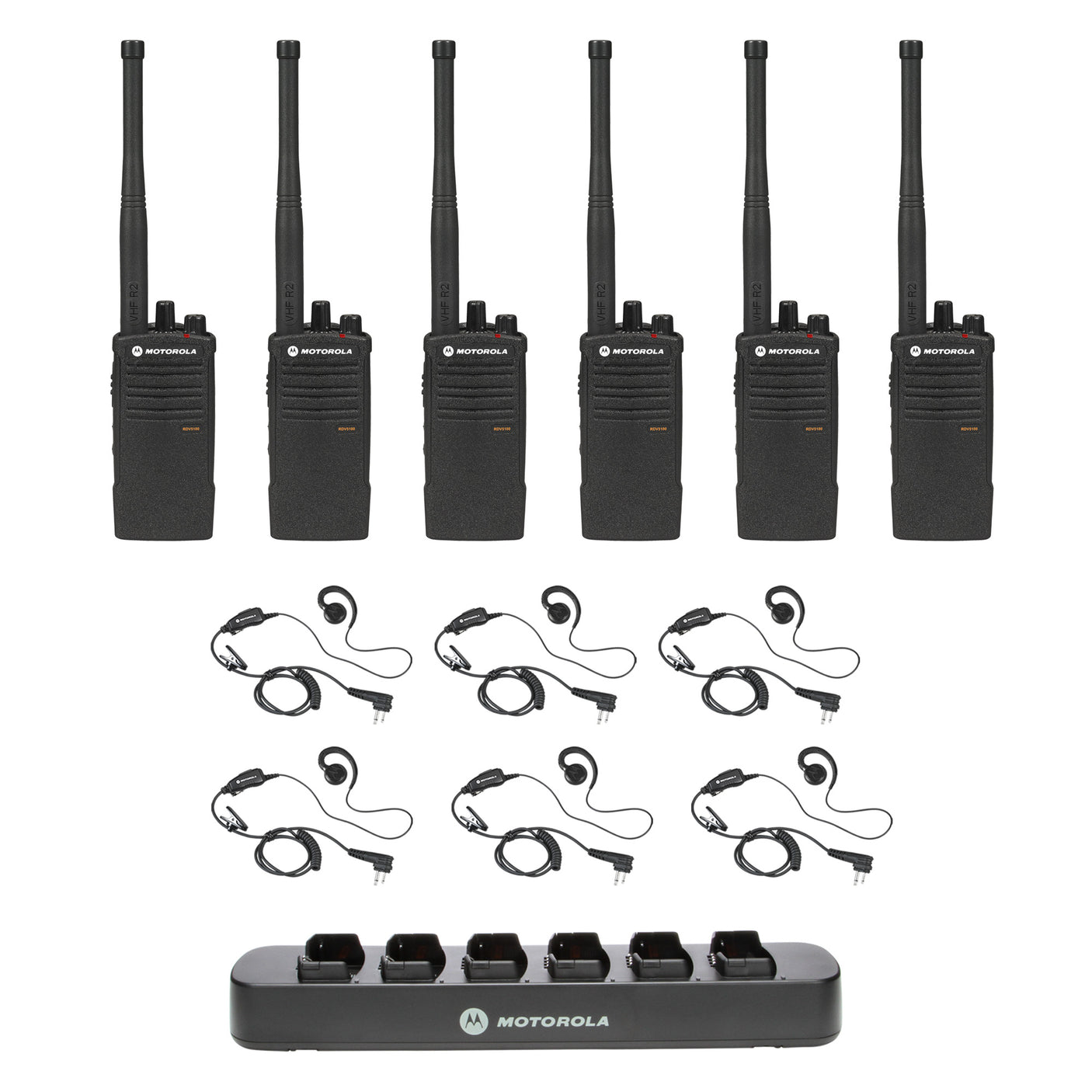 Motorola RDV5100 6 pack plus Multi Unit Charger and headsets – 6-pack