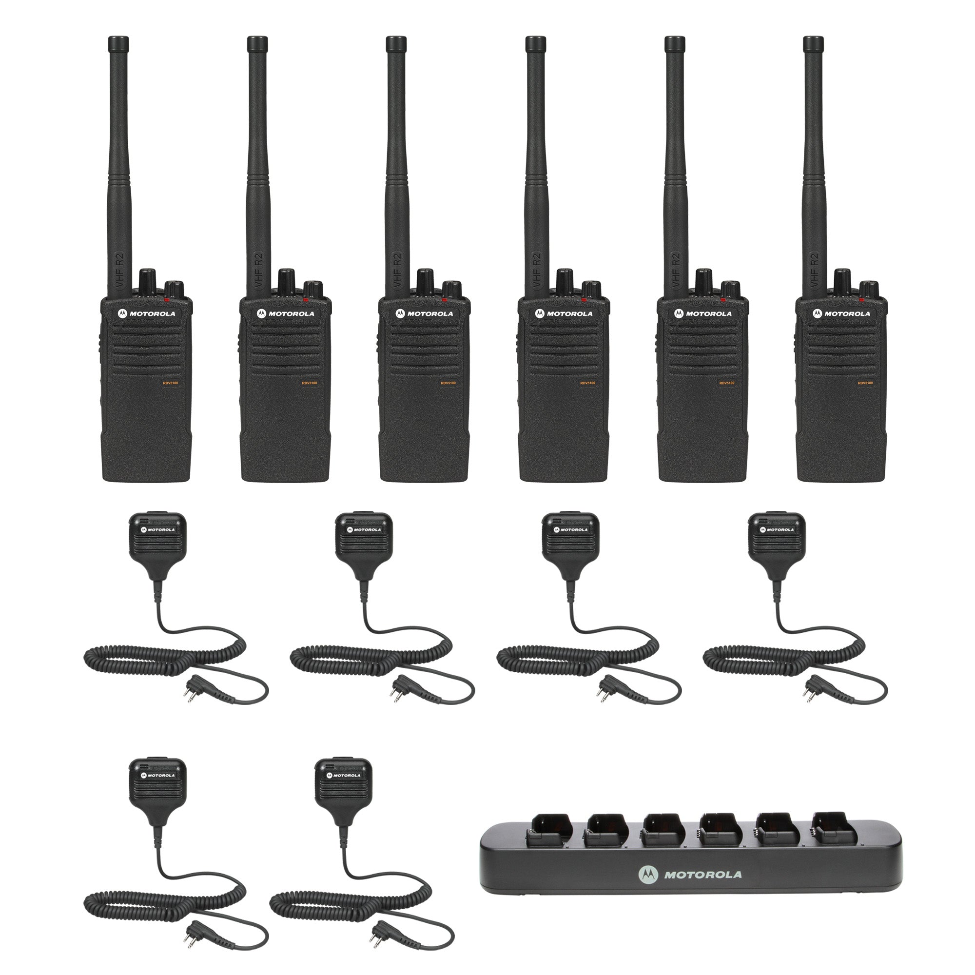 Motorola RDV5100 6 pack plus Multi Unit Charger and Speaker Microphones