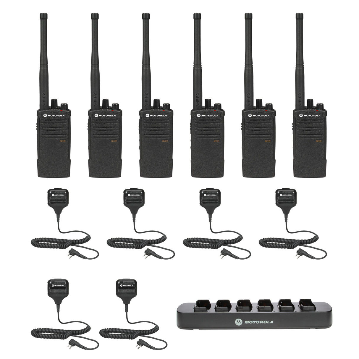 Motorola RDV5100 6 pack plus Multi Unit Charger and Speaker Microphones