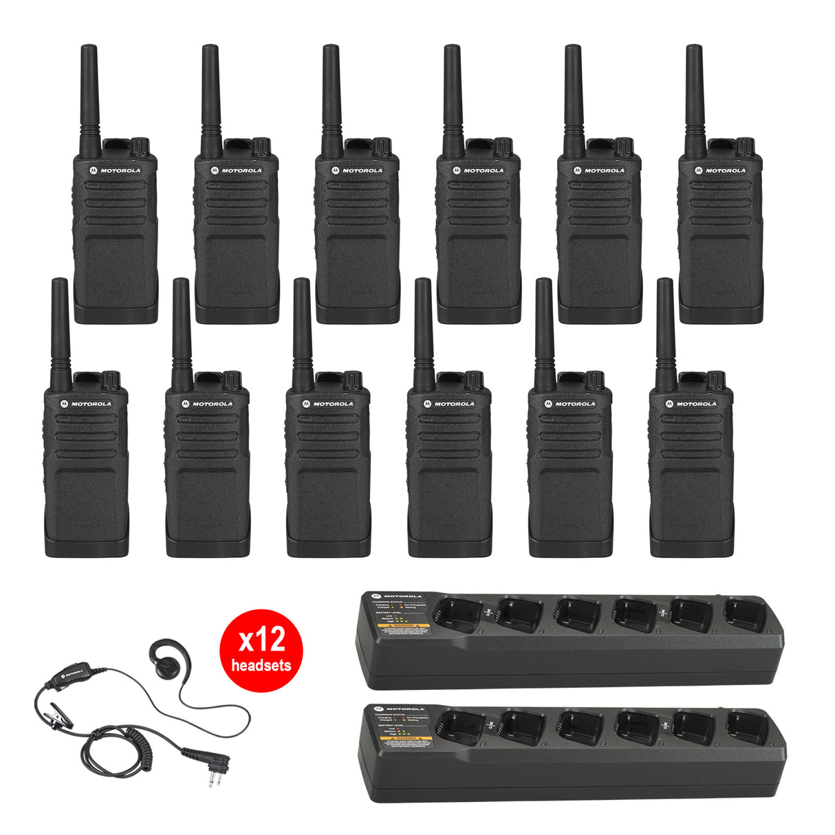 Motorola RMM2050 12 pack plus Multi Unit Charger plus headsets