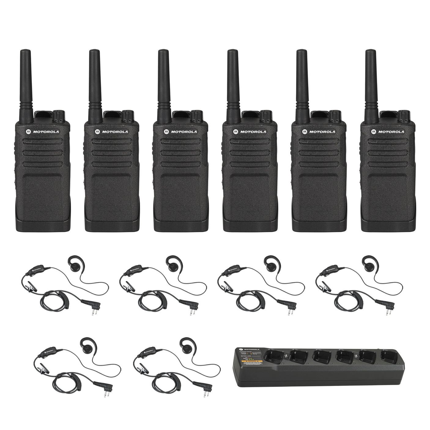 Motorola RMM2050 6 pack plus Multi Unit Charger plus headsets