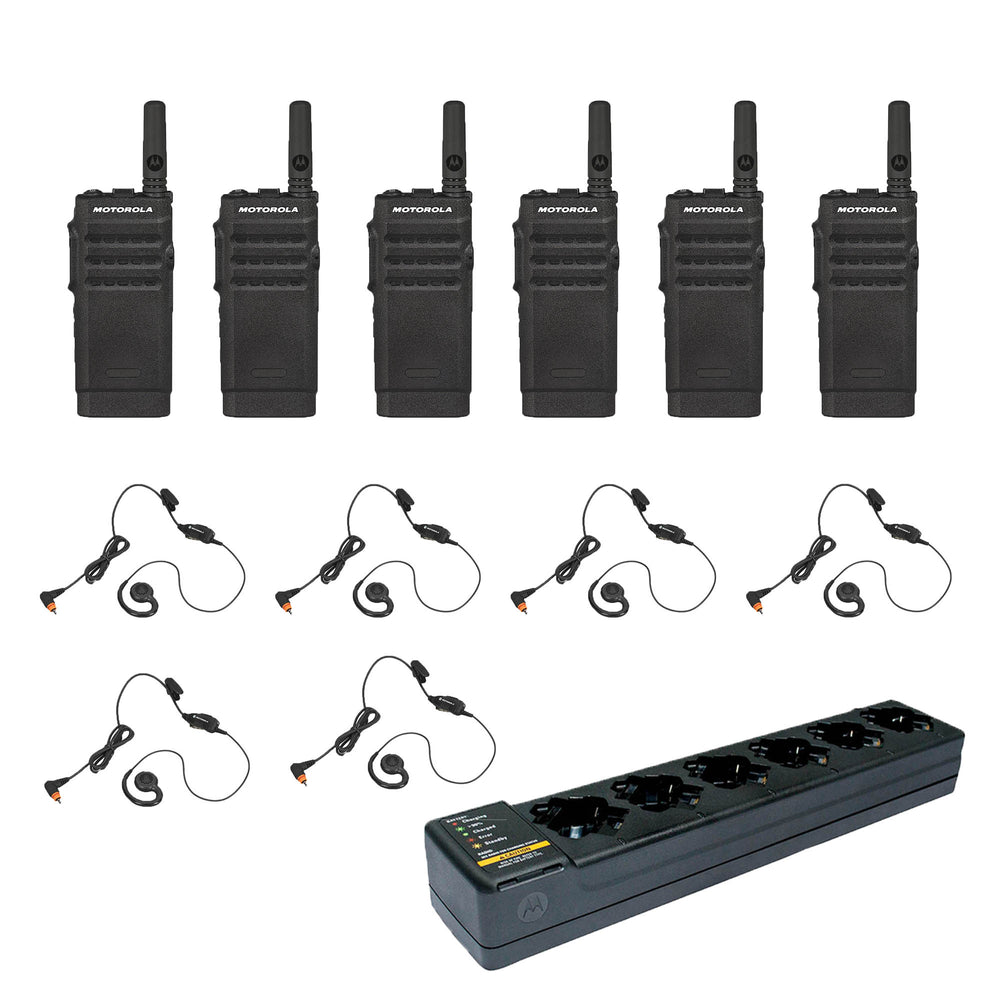 Motorola SL300 Non Display 6 Pack plus Multi Unit Charger and 6 PMLN7189 Swivel Earpiece