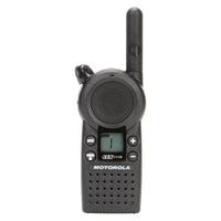 
              Front view of the Motorola CLS1110 two-way radio, featuring a compact design with a single push-to-talk button and LCD display for easy communication in business environments.
            