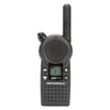 Front view of the Motorola CLS1110 two-way radio, featuring a compact design with a single push-to-talk button and LCD display for easy communication in business environments.