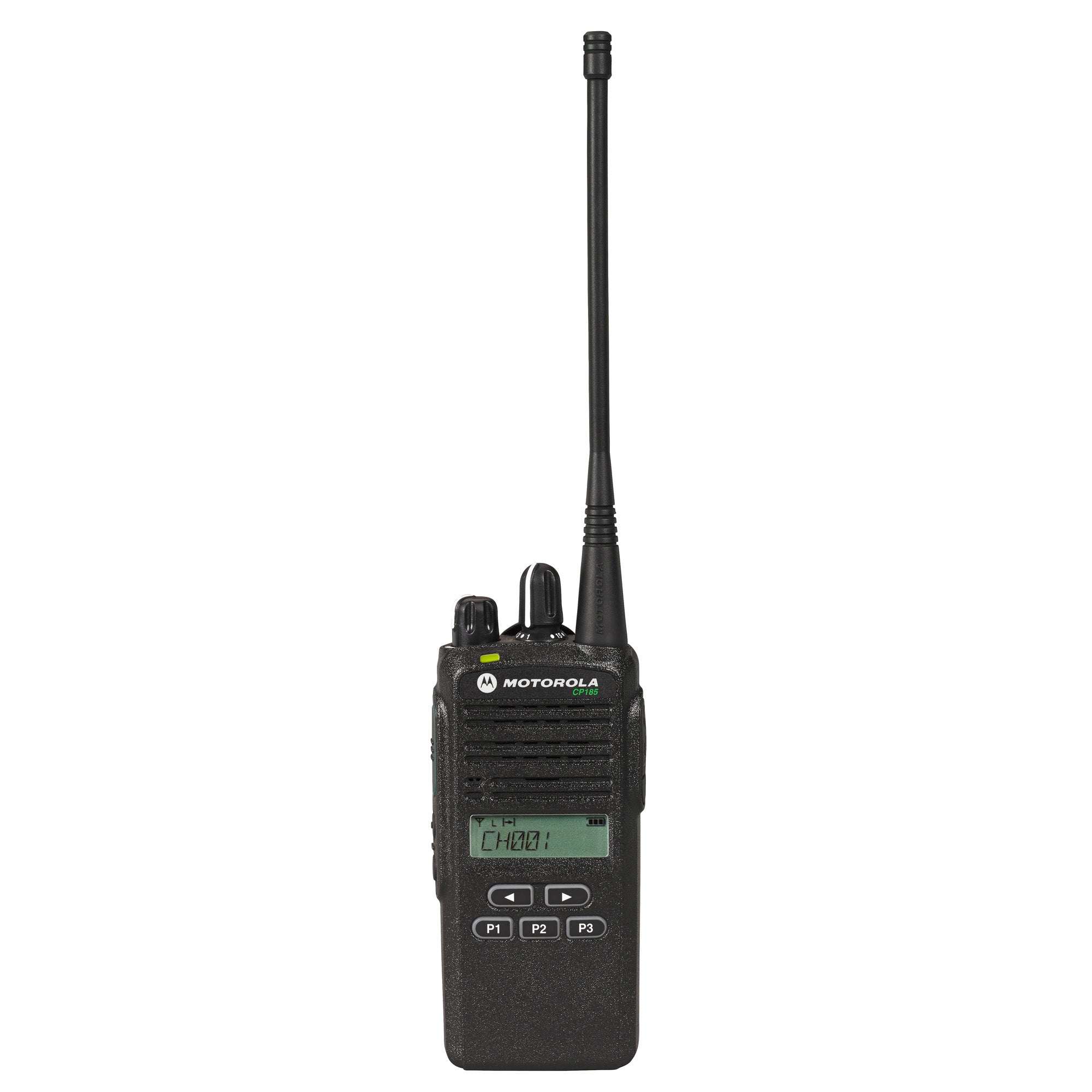 Motorola CP185 business radio with 16 channels, UHF or VHF options, and durable design for commercial communication.