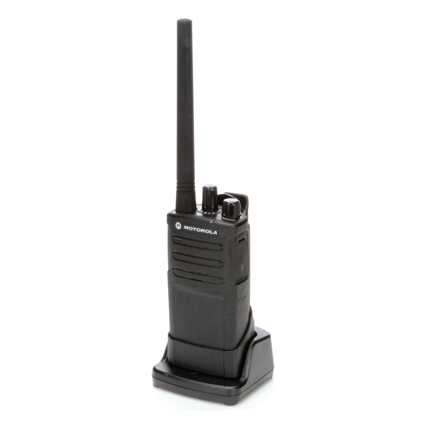 Side view of the Motorola RMV2080 two-way radio placed on its charging dock, showcasing its rugged design, long antenna, and intuitive controls for seamless communication in demanding environments.