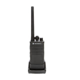 Motorola RMV2080 VHF Two-Way Radio with Charging Dock – Rugged 2-watt, 8-channel business radio shown in its desktop charger. Designed for security, construction, and outdoor industries, offering superior durability, NOAA weather alerts, and extended battery life.