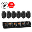 Six Motorola CLP1010e two-way radios with multi-unit charger and six wired headsets included in communication bundle