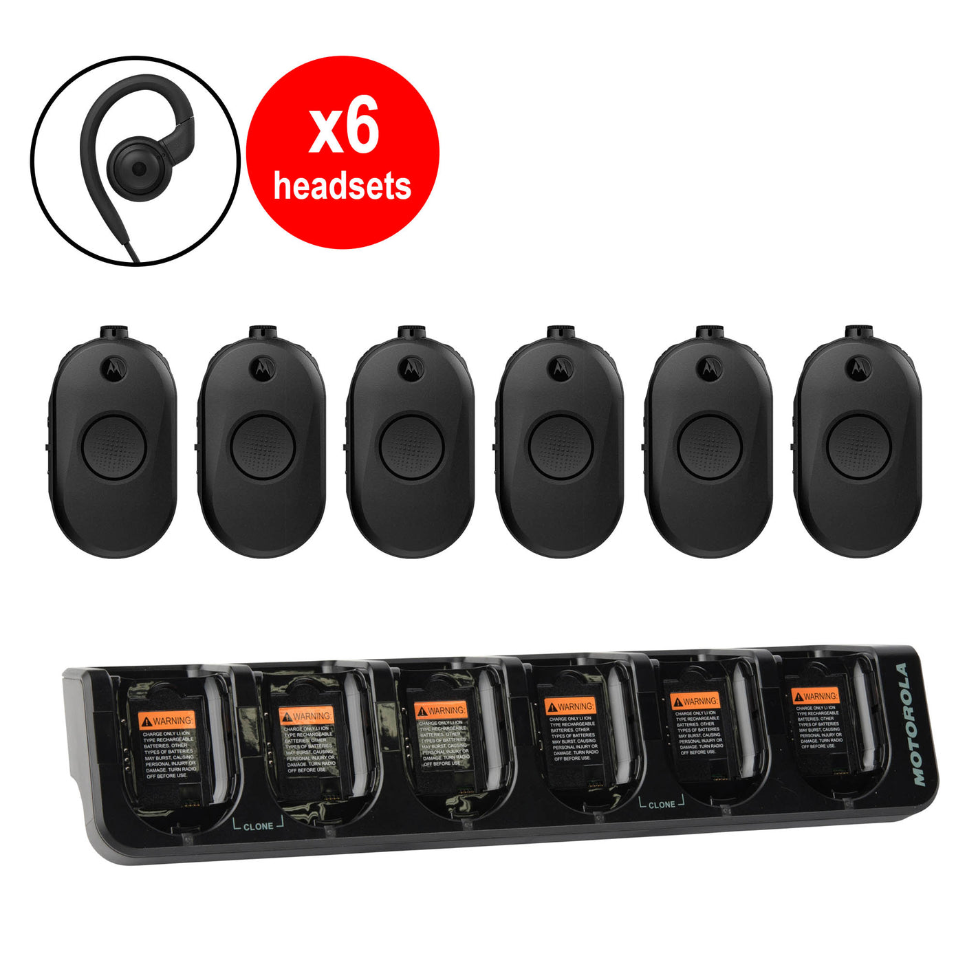 Six Motorola CLP1010e two-way radios with multi-unit charger and six wired headsets included in communication bundle