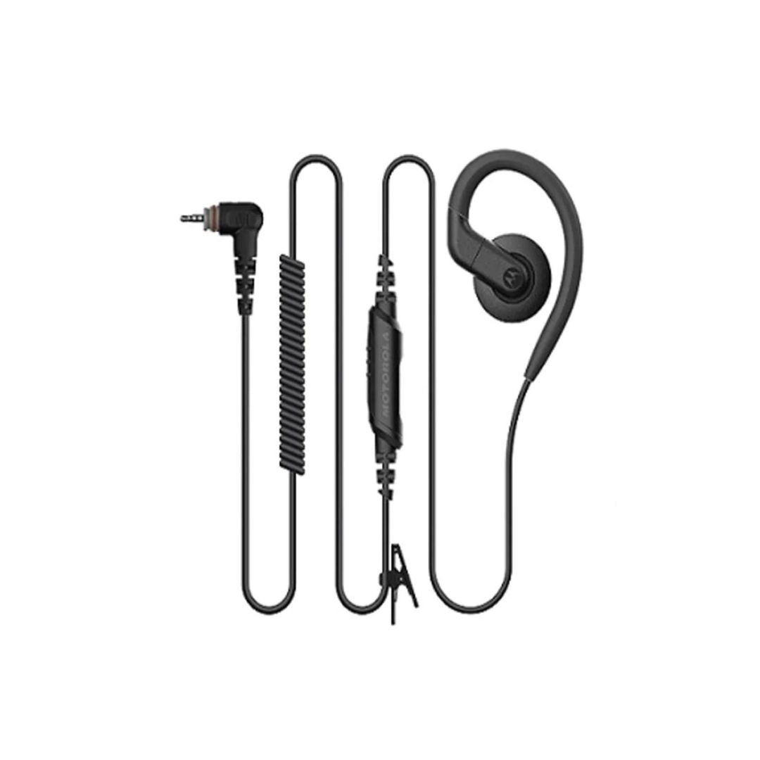 PMLN8311 Motorola CURVE DLR110 headset featuring an ergonomic earpiece design with an in-line microphone and push-to-talk button for clear, hands-free communication.