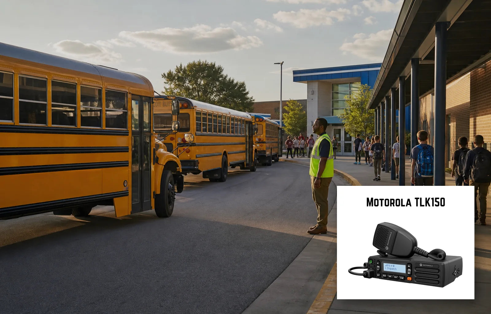 School bus loop at dismissal with a genuine Motorola TLK150 mobile radio