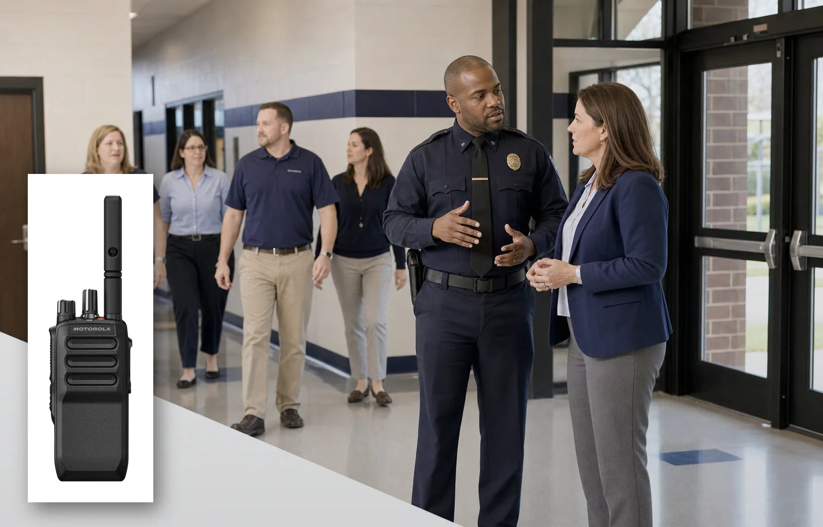 School safety team coordinating an emergency drill with a genuine Motorola R5 radio