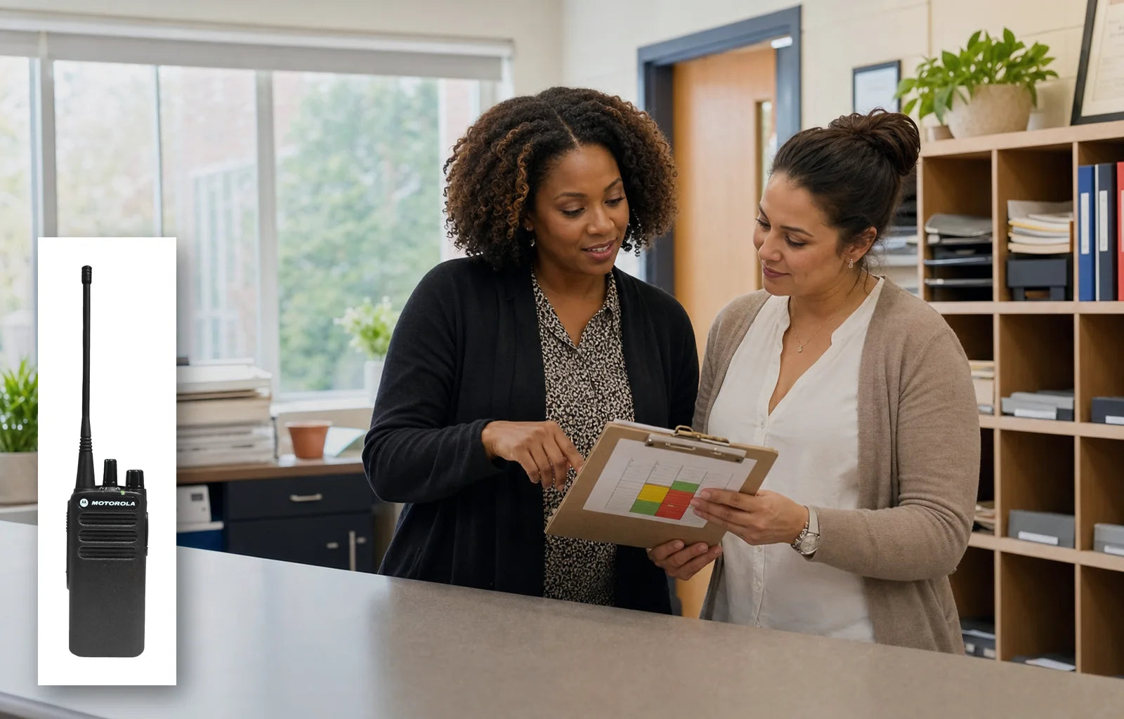 School front office staff reviewing a channel plan with a genuine Motorola CP100d radio