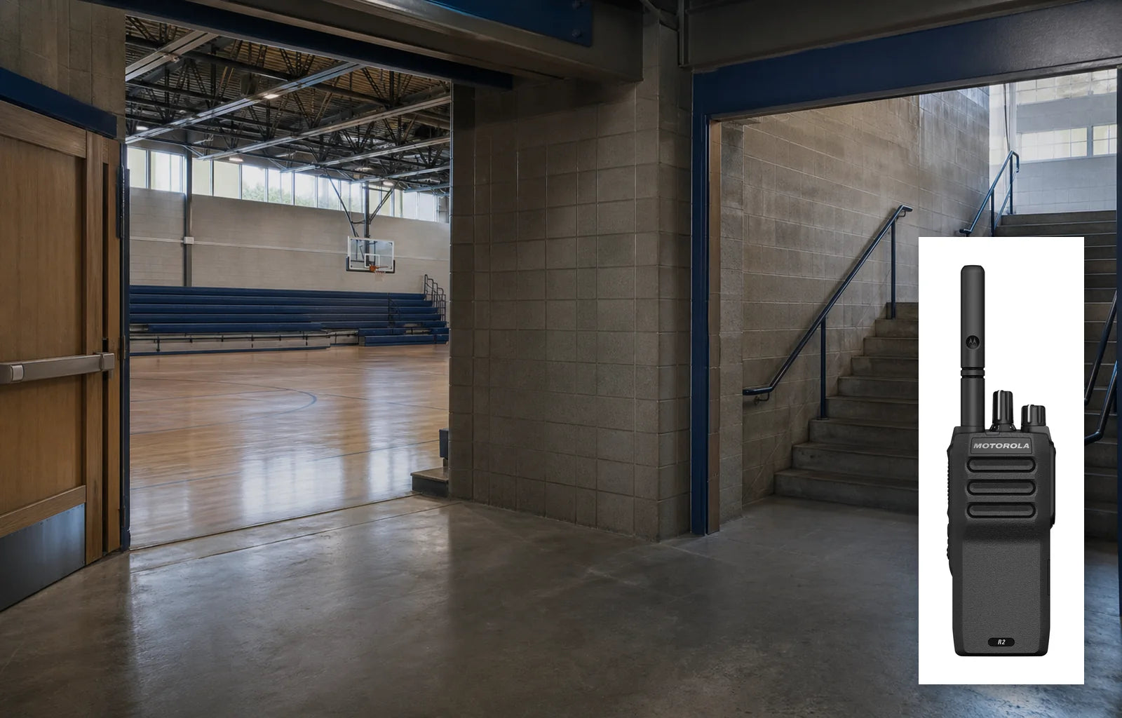 School gym and concrete stairwell coverage area with a genuine Motorola R2 radio